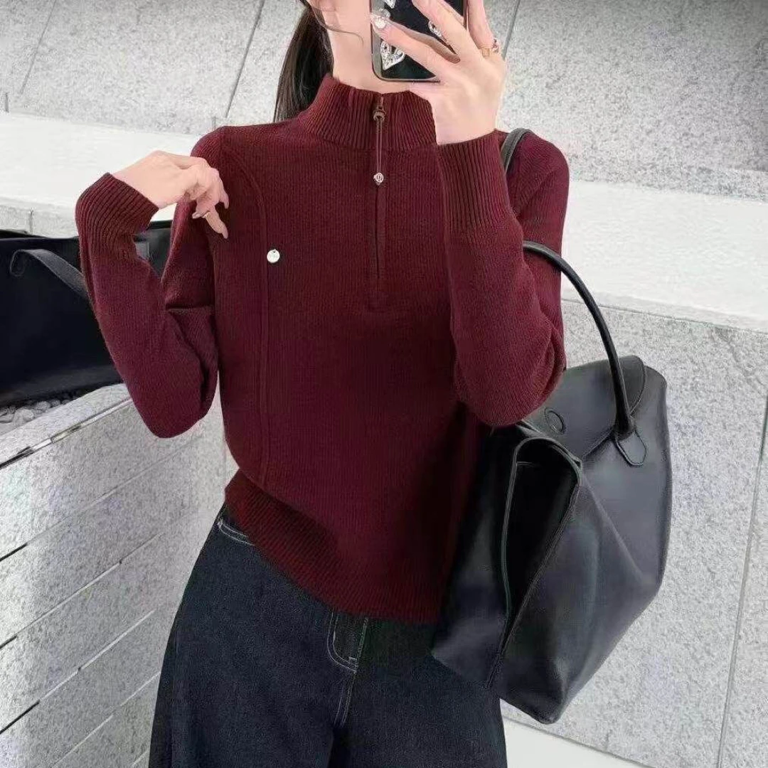 加绒半高领拉链针织衫女秋冬新款一体绒保暖显瘦内搭套头毛衣上衣