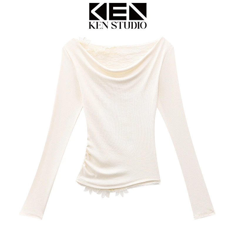 KEN STUDIO蕾丝针织荡领打底衫T恤女春季露肩假两件内搭修身上衣