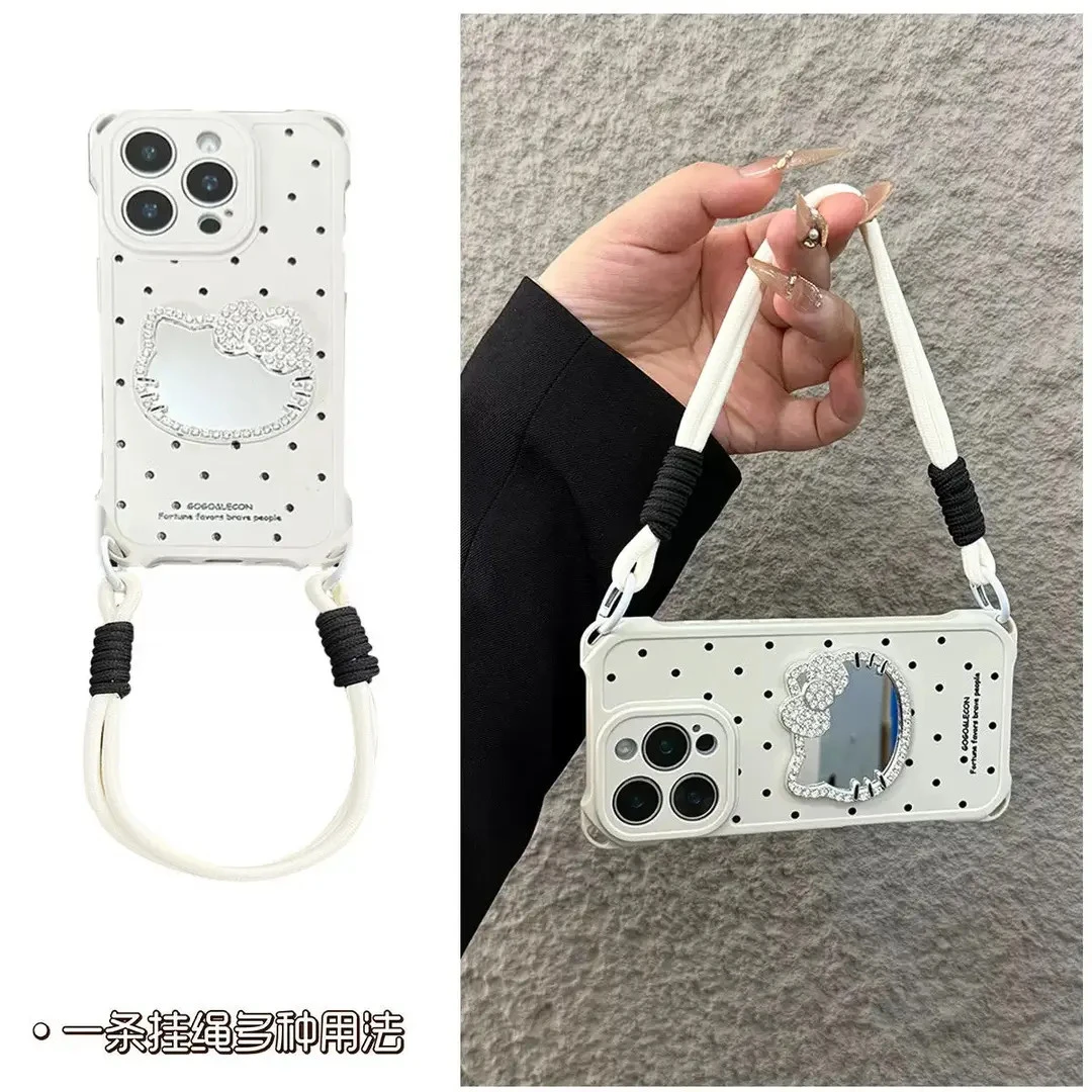 波点kitty镜子四角挂绳适用苹果16手机壳华为/vivo/oppo小米软套