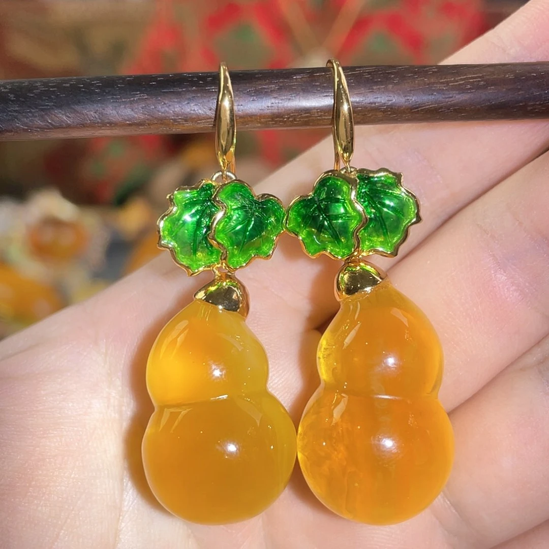 蜜蜡耳环银S925镀金镶嵌