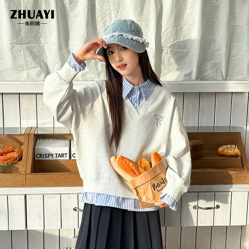 朱阿姨女大童条纹衬衫卫衣2025新款领百搭假两件长袖洋气女孩春装