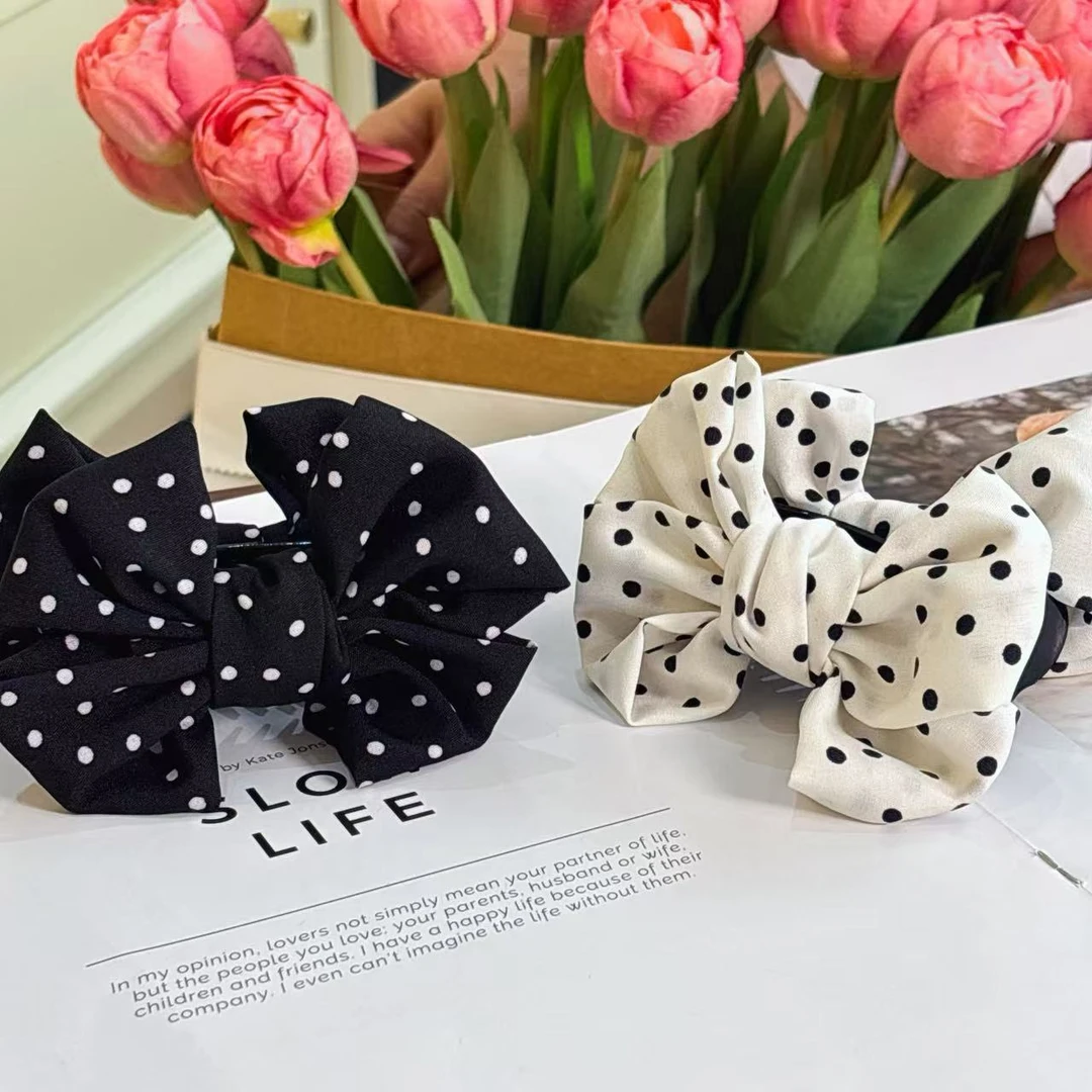 波点蝴蝶结丸子头抓夹甜美ins风气质后脑勺抓夹