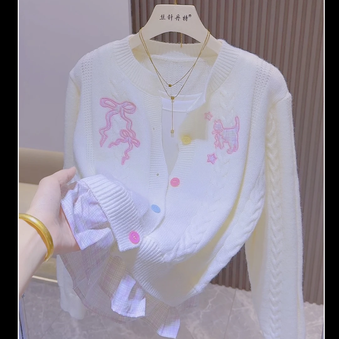 159韩系白色绞花毛衣开衫女秋冬糖果色纽扣拼接假两件针织衫外套