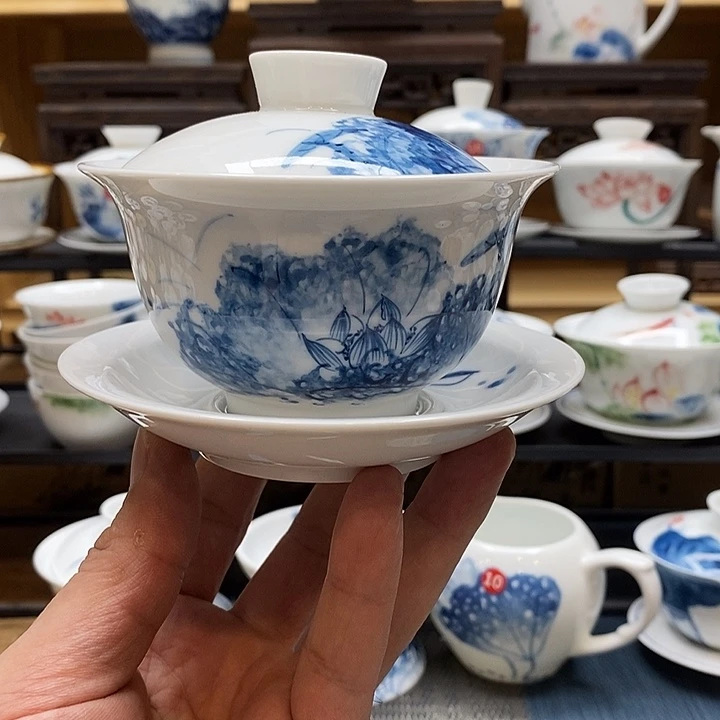 手绘微瑕荷花盖碗