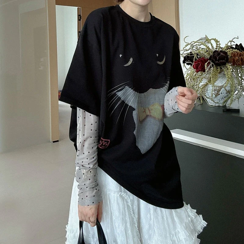 【韩国代购】猫咪印花波点手袖拼接假两件长袖T恤女休闲百搭设计感
