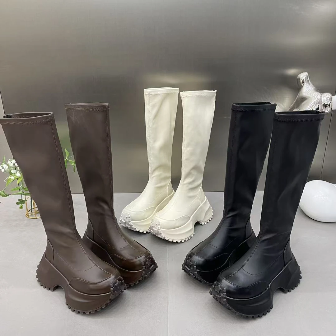 不过膝长靴女2025新款厚底松糕后拉链弹力靴7cm增高骑士靴瘦瘦靴