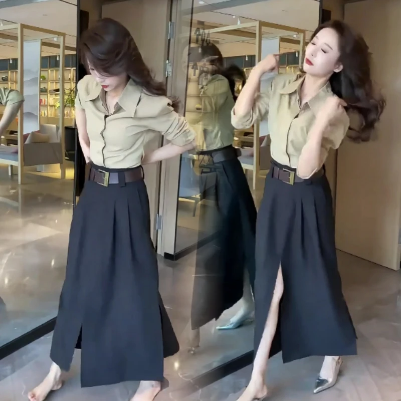 夏季设计感长袖衬衣女设计感洋气休闲上衣+显瘦高腰开叉半身裙