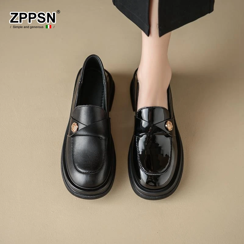 ZPPSN覆古黑色小皮鞋女英伦风百搭单鞋2025新款通勤真皮粗跟厚底