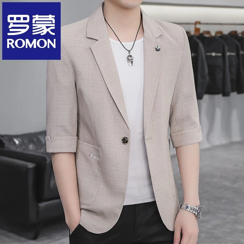 罗蒙小西装男七分袖夏季新款中袖外套时尚韩版帅气西服薄款修身上