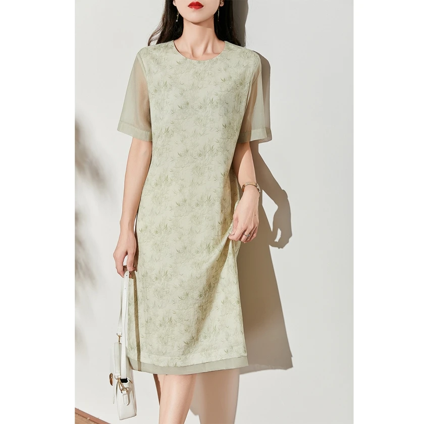 【芳草幽兰】碎竹印花青绿幽竹 莱赛尔亚麻 显瘦圆领短袖连衣裙女夏
