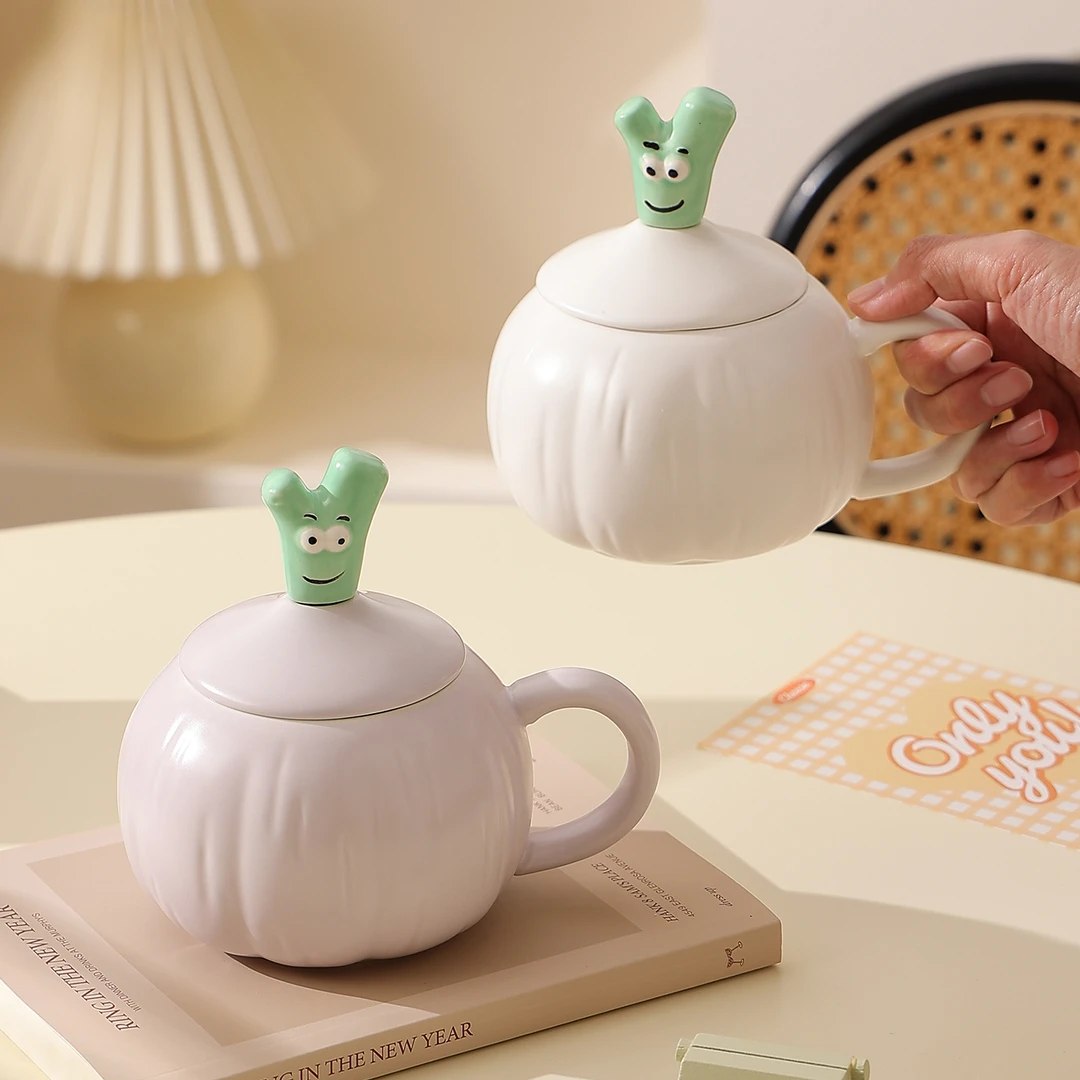 高颜值喝水杯子创意大蒜带盖陶瓷杯家用大容量马克杯拉花杯咖啡杯