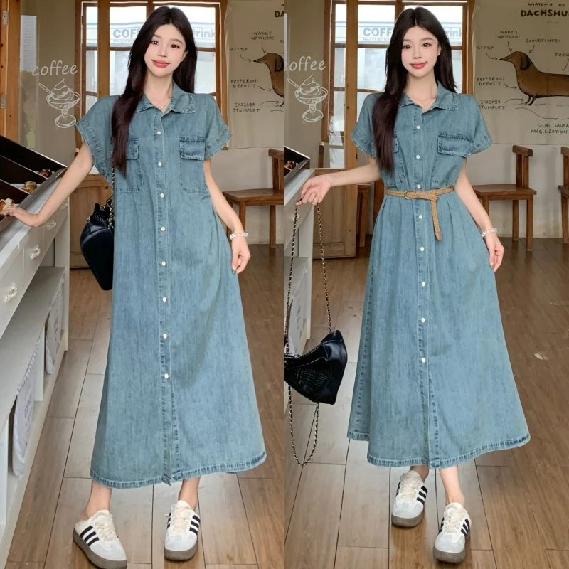 【枫丽】2025夏季新款孕妇韩版时尚宽松显瘦牛仔短袖连衣裙送腰带