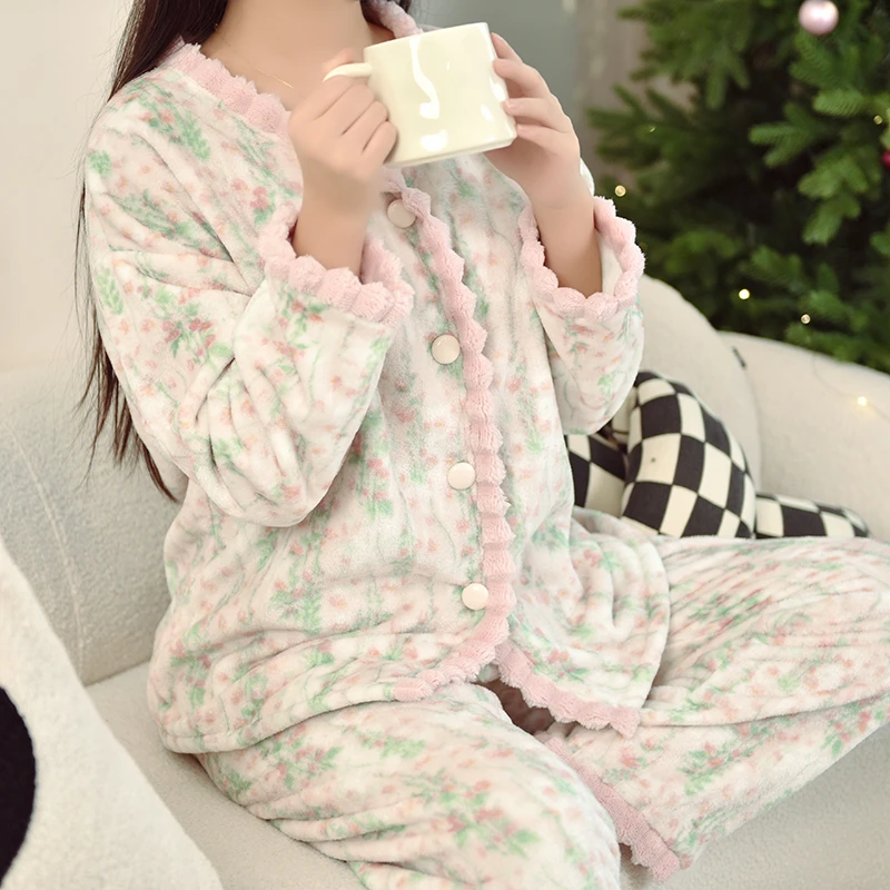 【粉色花朵】法兰绒睡衣女冬季加绒加厚保暖家居服套装时尚日系ins