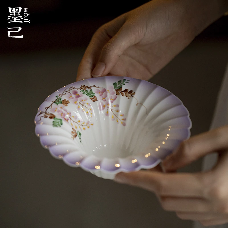 墨己玉泥陶瓷手绘紫藤花花口建水茶道配件废水缸家用水果盘盘子