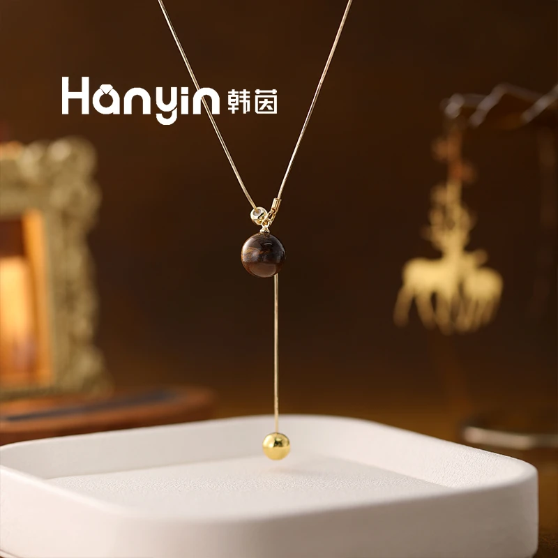 铜合金项链 韩版美拉德咖色圆球双吊坠可抽拉毛衣链项链