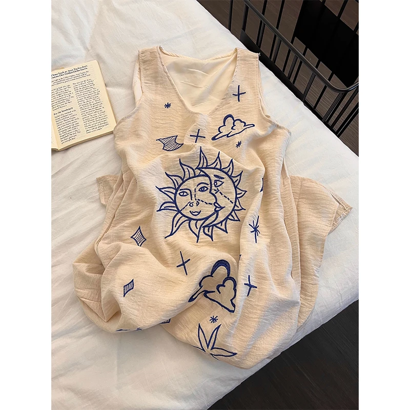 2025新款韩系甜美背心睡裙女夏季带胸垫V领复古中式连衣裙可外穿