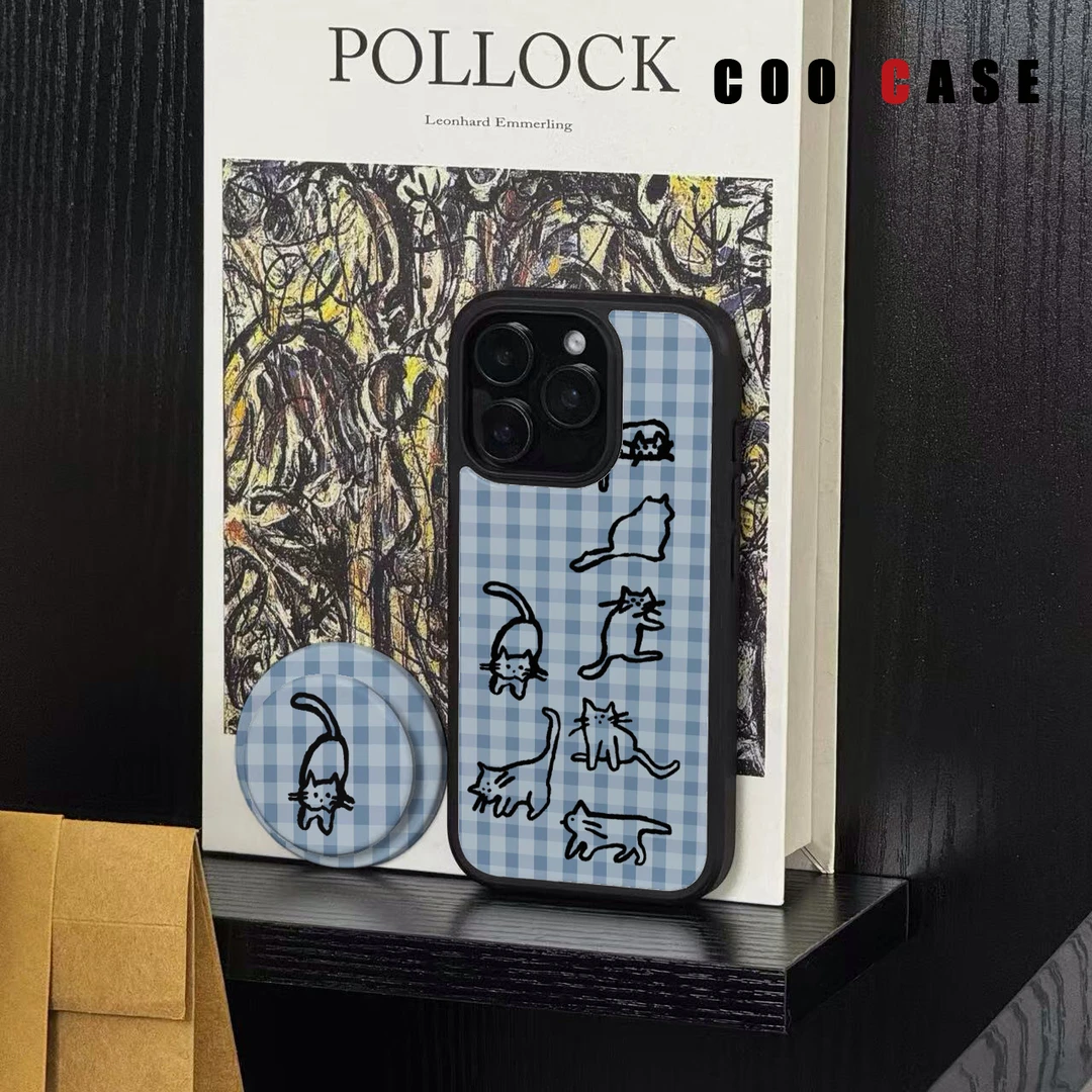 磁吸肤感晶瓷手机壳适用于苹果17pm/16蓝格子设计风手稿猫咪简约