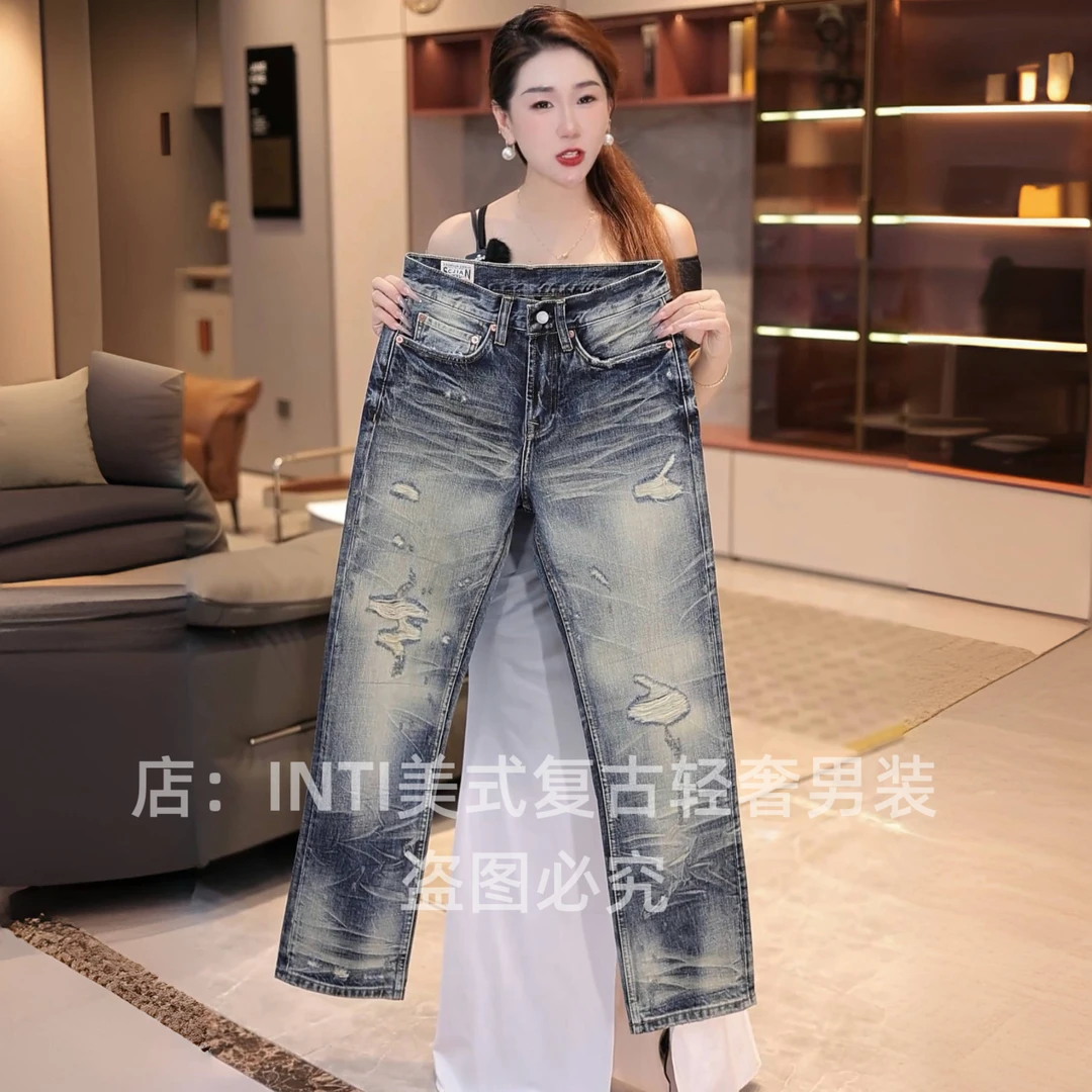 INTI秋冬季高定设计师款复古做旧破洞补丁男士牛仔裤宽松直筒个性