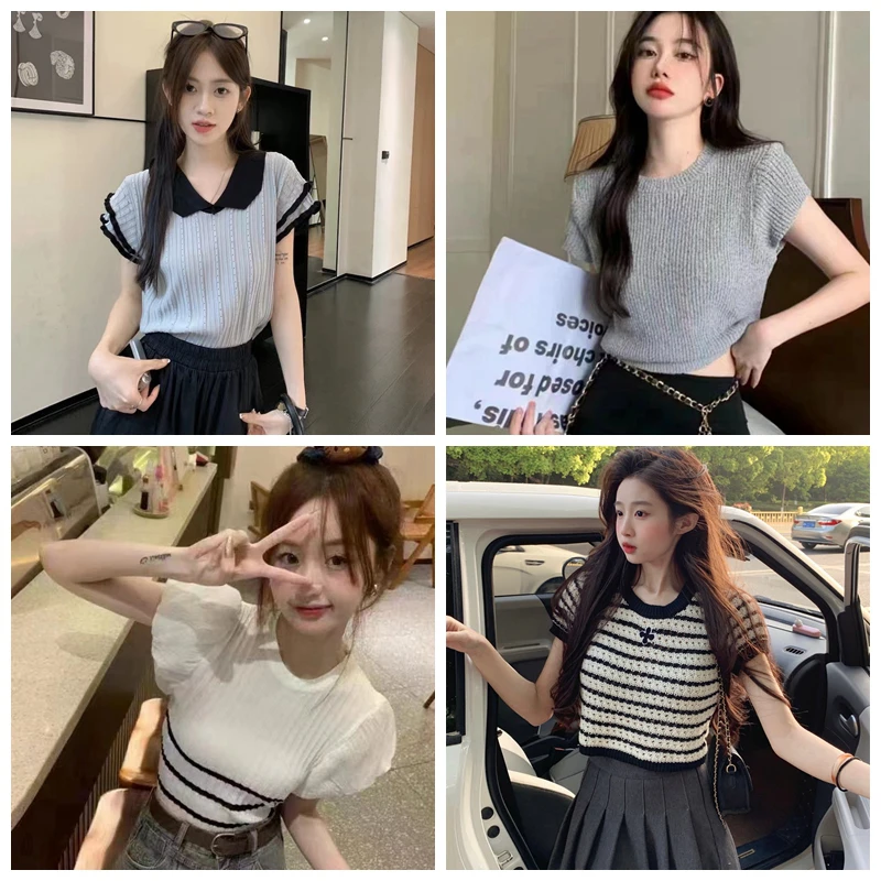 小琴【合集短袖】高腰修身露脐辣妹短款小个子针织上衣百搭薄款显瘦