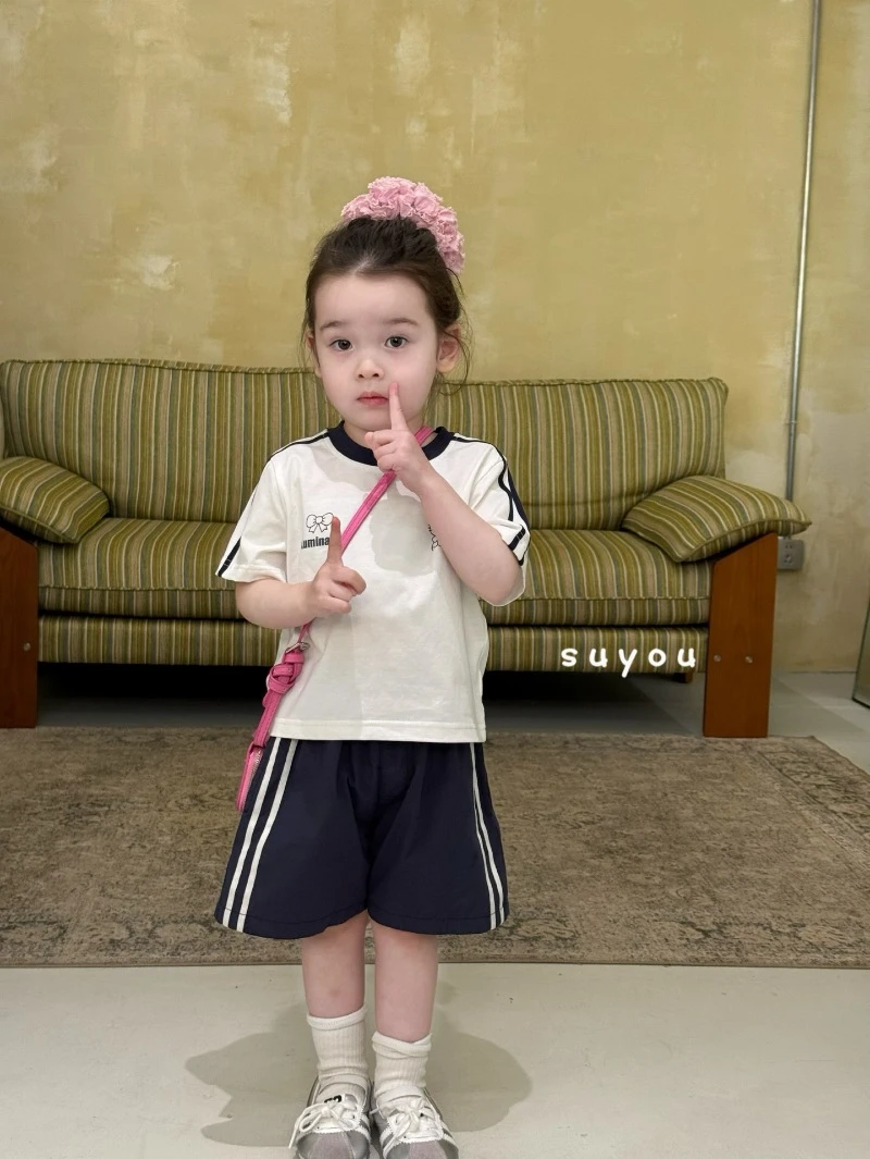 苏右25新款女童运动风条纹卡通短袖短裤套装（SY-662194）