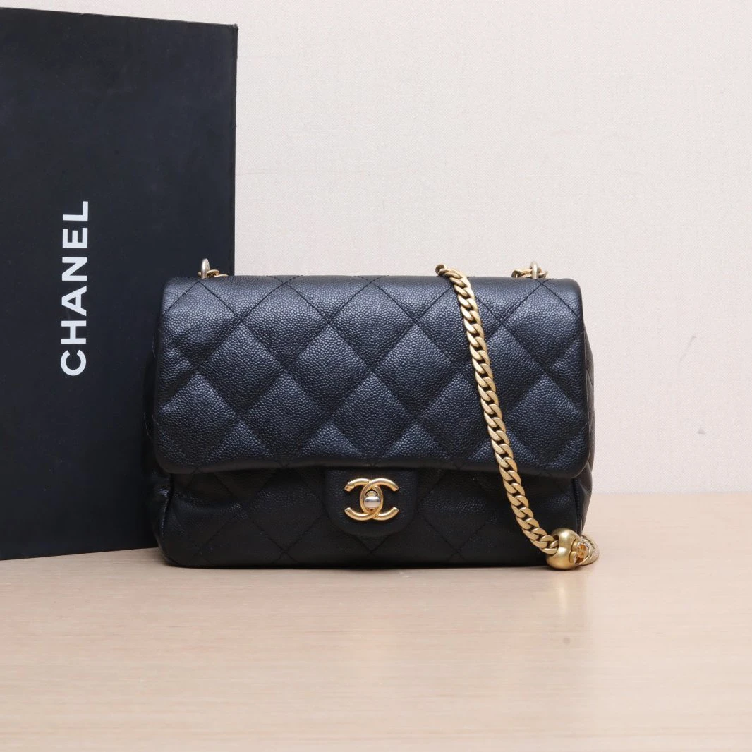 95新 Chanel/香奈儿 小花姑姑663990 23P CF 口盖包 24cm 黑色