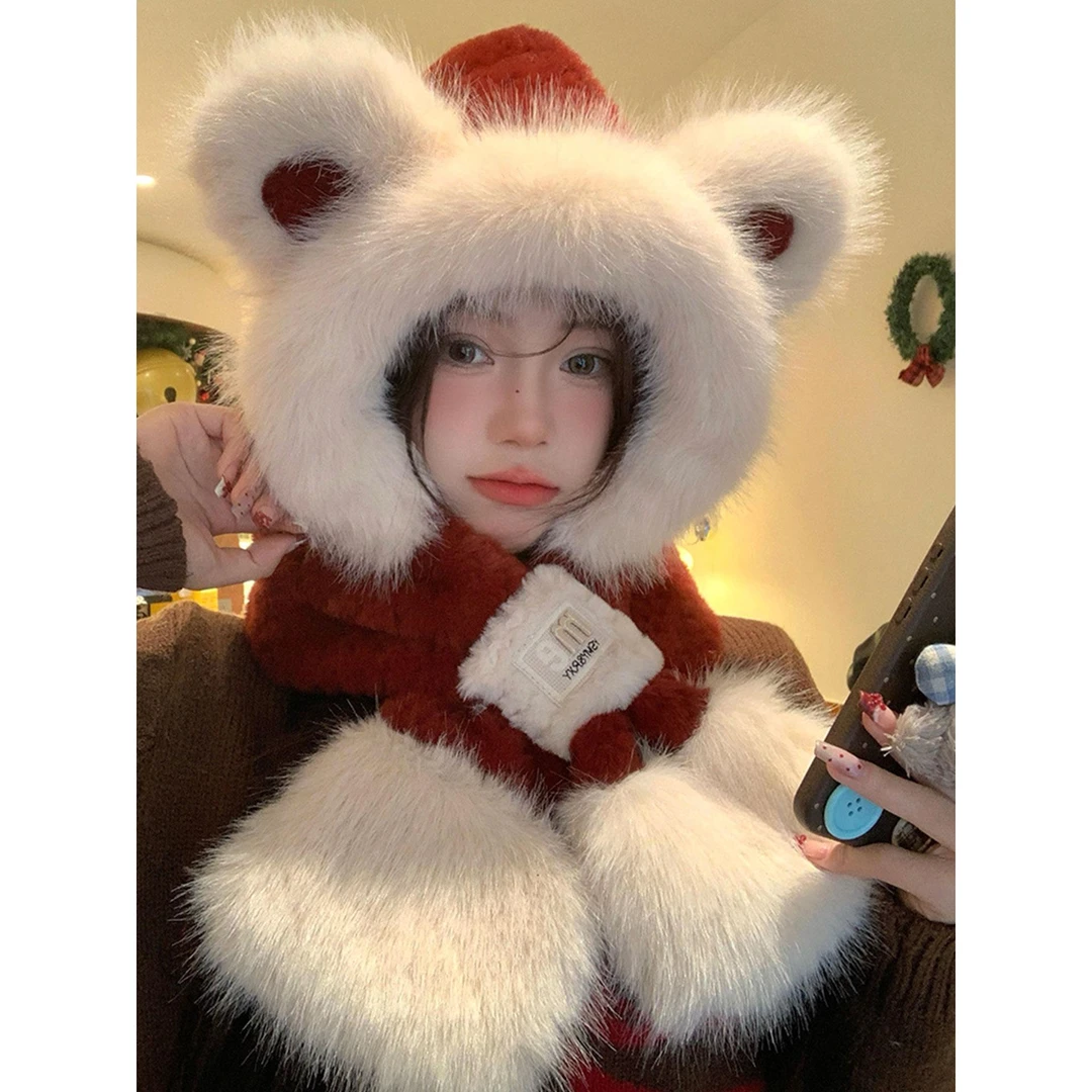 可爱小熊毛绒帽围巾一体女冬天保暖护耳帽显脸小冬季骑车防寒帽子
