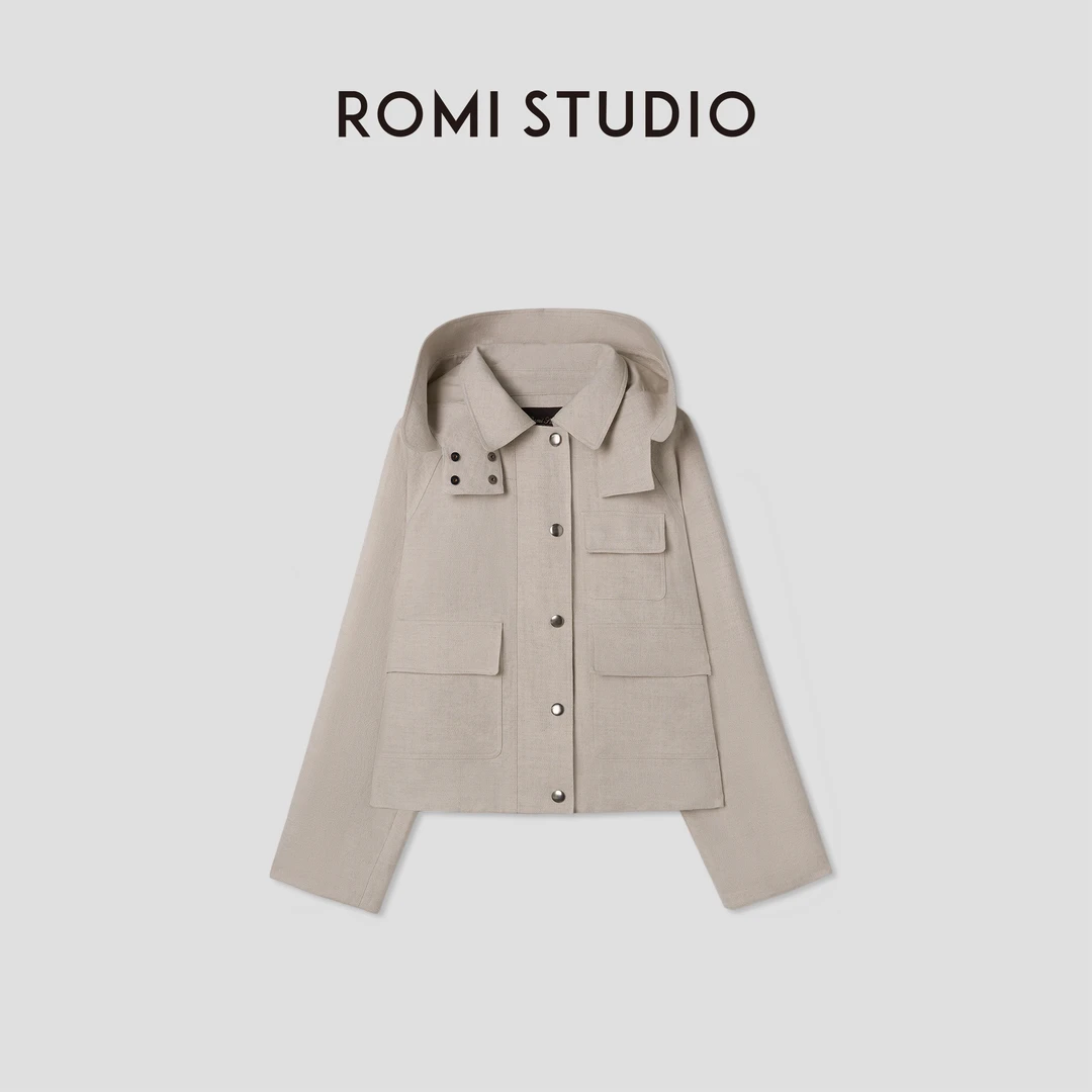 ROMI STUDIO“率性自我”亚麻棉混纺加厚可拆卸连帽外套 441W5049
