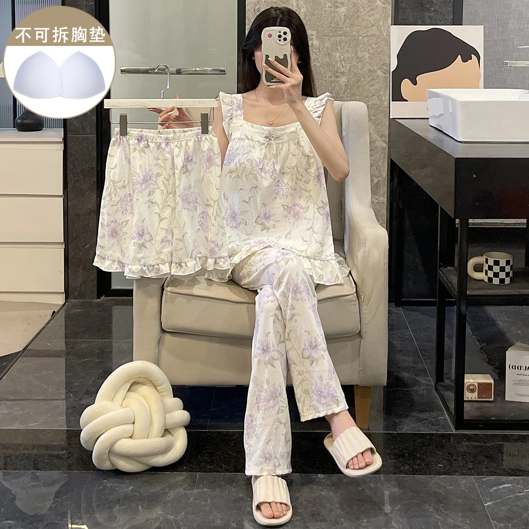带胸垫睡衣女新款夏季简约方领飞袖紫色花朵吊带短裤三件套家居服