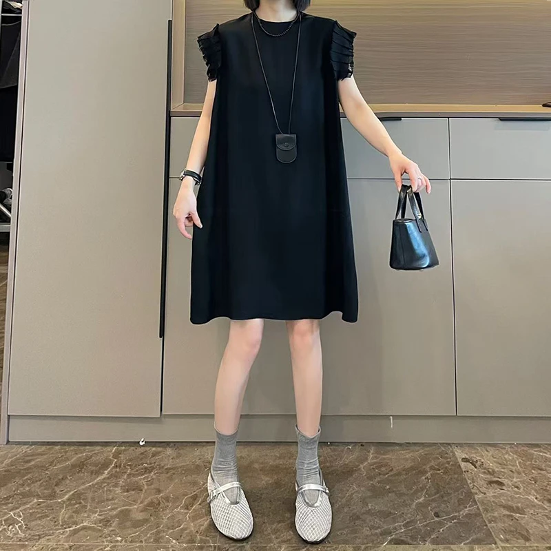 黑色气质圆领飞飞袖T恤裙韩系减龄休闲百搭显瘦连衣裙女2025夏季