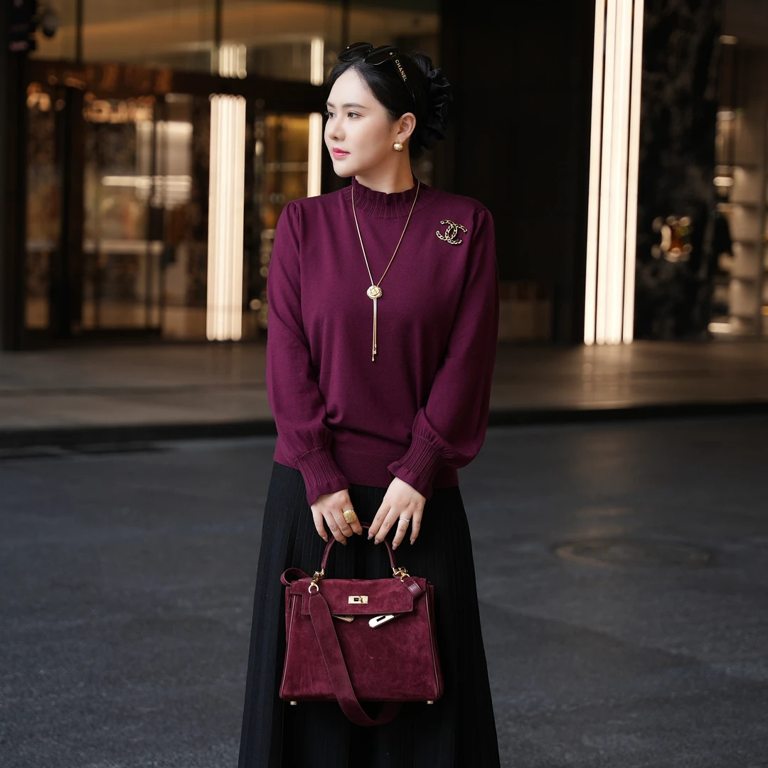 向红同学2025秋冬减龄百搭木耳边半高领内搭两色羊毛衫SY212