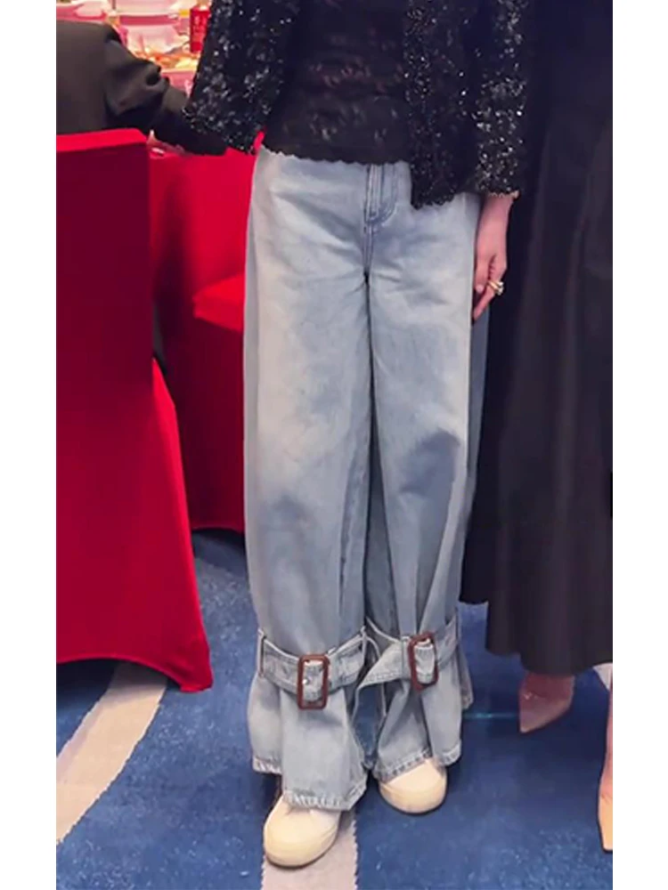 高级感时尚气质宽松高腰显瘦直筒蓝色阔腿牛仔裤子女2025春季新款