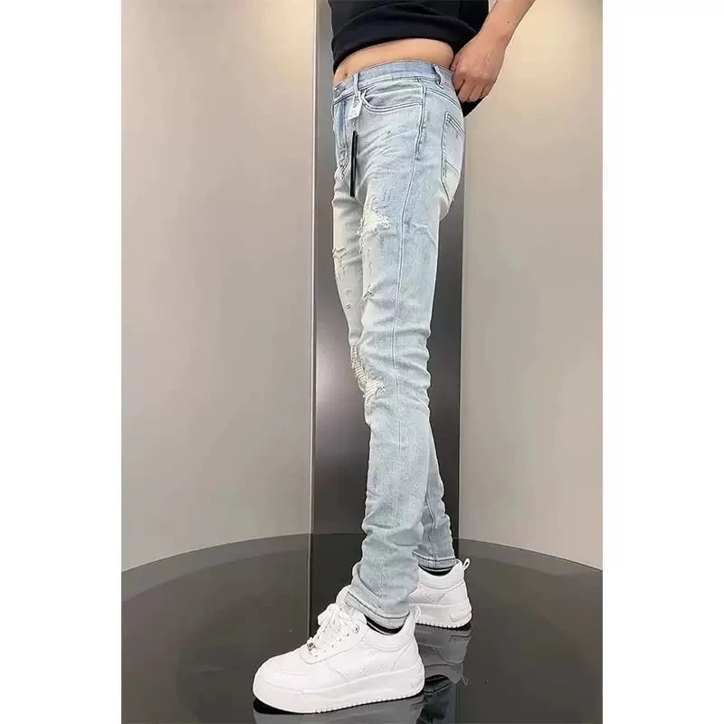 夏季新款修身直筒弹力牛仔裤男潮流休闲裤百搭破洞青年显瘦小脚裤