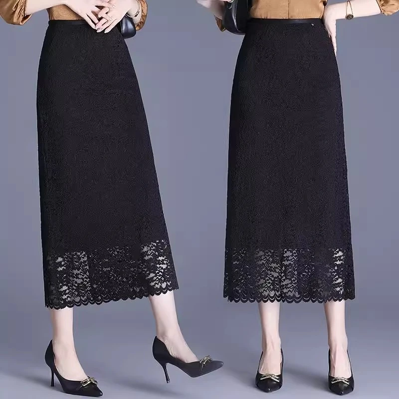 蕾丝半身裙夏季2025新款高腰A字裙气质显瘦中长裙黑色开叉包臀