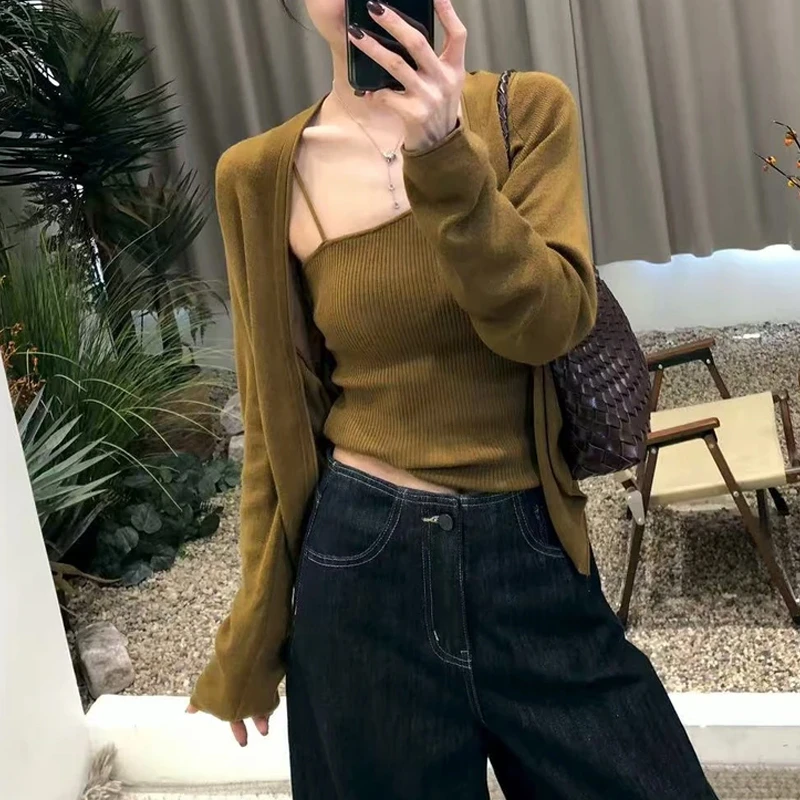 美式复古炸街套装女2025春秋新款显瘦长袖针织开衫吊带背心两件套