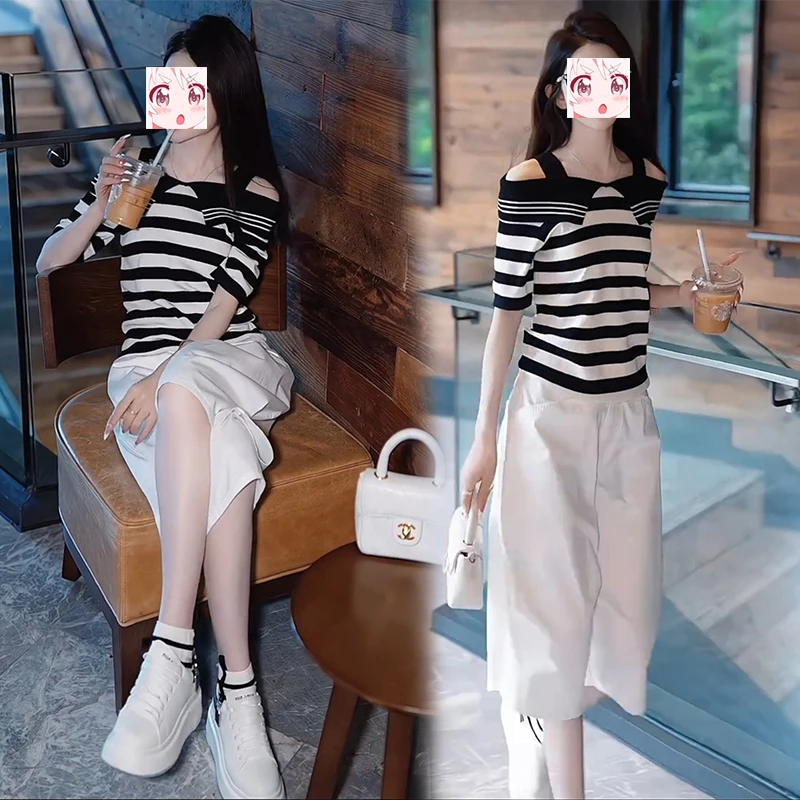 一字领复古港风条纹短袖针织衫高腰直筒六分裤子显瘦夏季两件套装