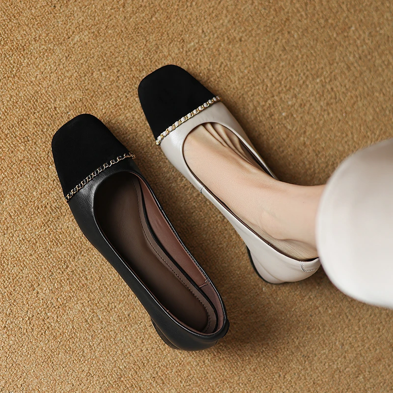 3CM，羊皮拼色低跟方头女单鞋浅口不挑脚休闲鞋粗跟浅口低跟小羊皮