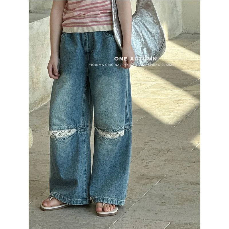 2025春装新款女童破洞蕾丝拼接牛仔裤中大童直筒休闲裤宽松阔腿裤