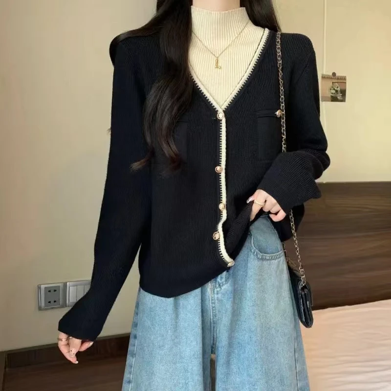 绒贝斯8772轻熟风复古假两件撞色设计感针织衫高级感百搭上衣女