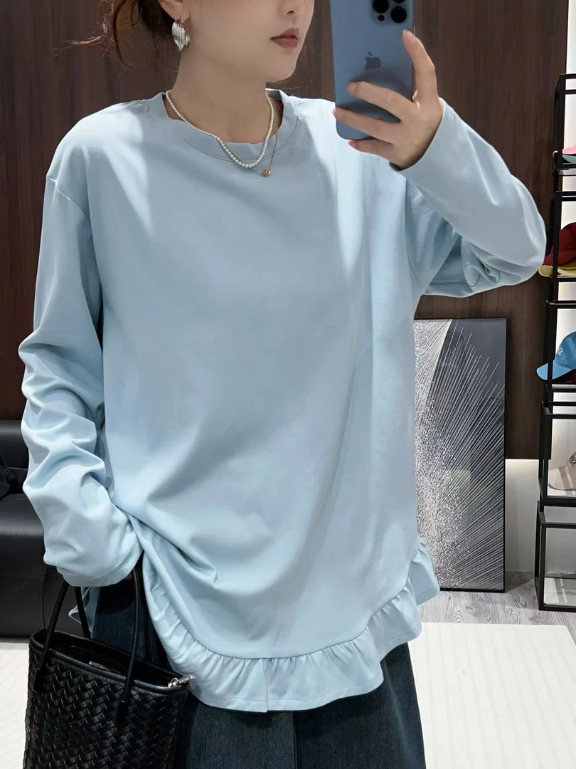 【木耳边打底T恤】秋冬新款韩版宽松简约百搭套头纯色内搭打底T恤女