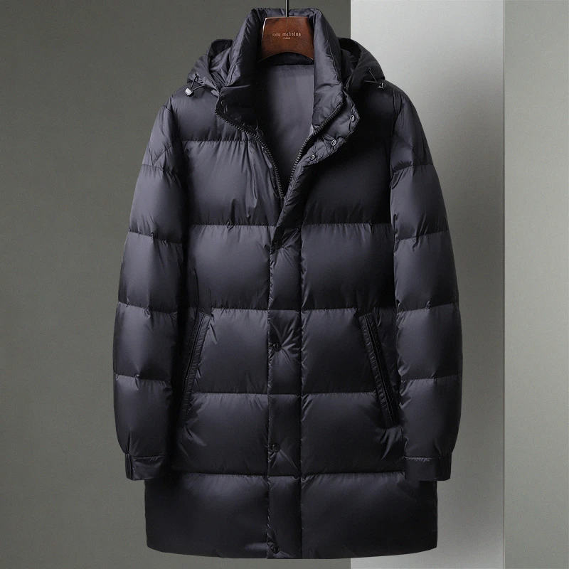 尼因基鲁黑色冬季新款鹅绒休闲中长款羽绒服男士可脱卸帽防风外套
