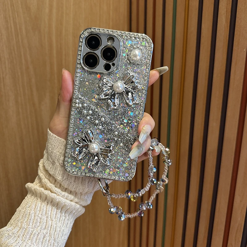 电镀银ins蝴蝶结简约手机壳适用苹果15pro华为oppo钻边vivo小米女