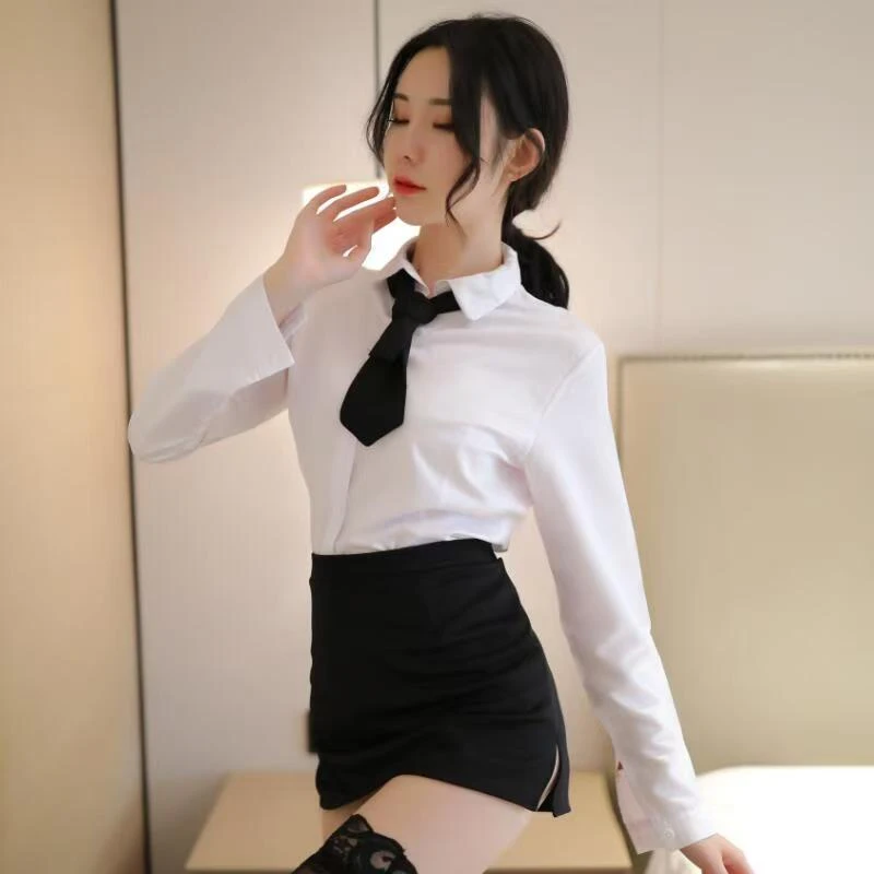 内衣气质修身套装秘书纯欲制服性感白衣黑睡裙弹力套装1274