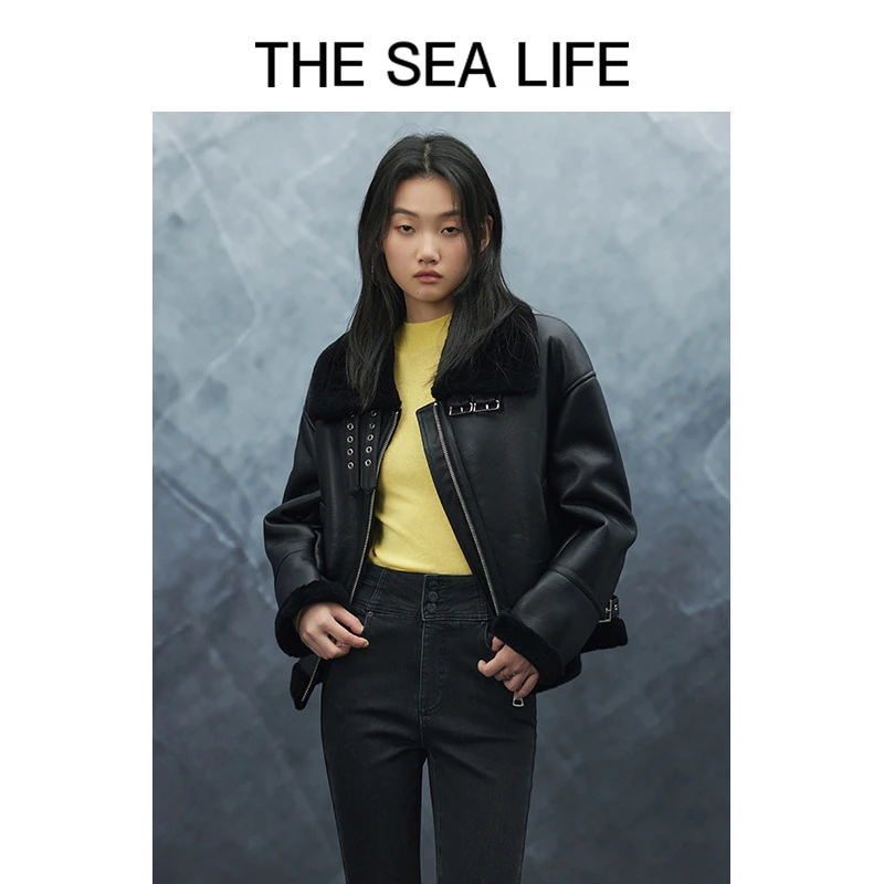 THESEALIFE 复古时尚黑色皮毛一体外套女加绒加厚绵皮草D3303