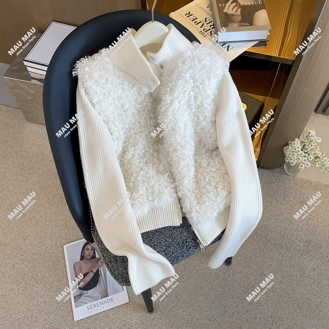 新款羊毛 立领针织拼接毛绒短外套女厚款保暖DY9576