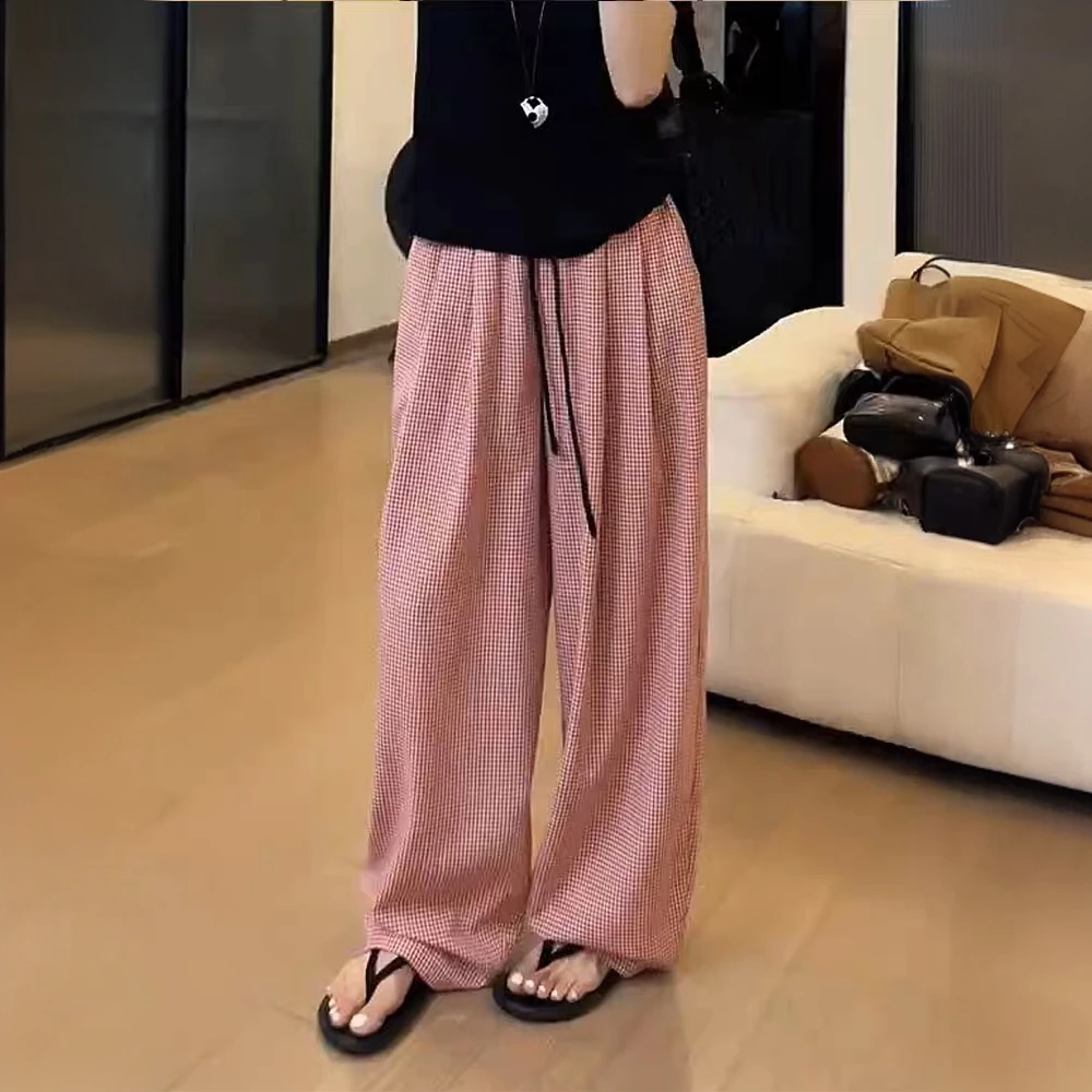 粉色格纹休闲裤女夏季薄款梨形身材高腰宽松显瘦松弛感阔腿拖地裤