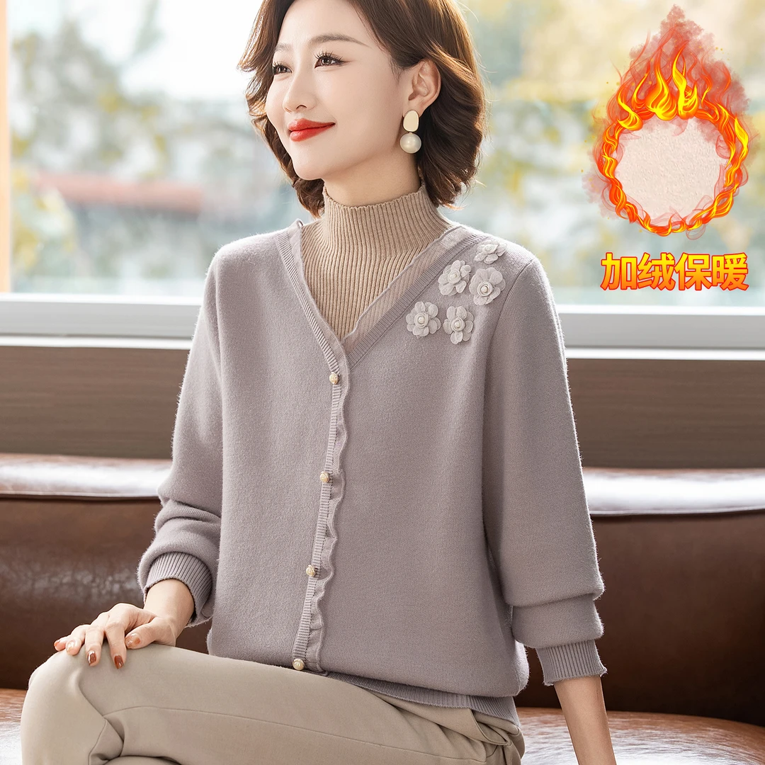 妈妈冬装洋气半高领加绒打底衫中老年女装秋冬加厚保暖一体绒毛衣