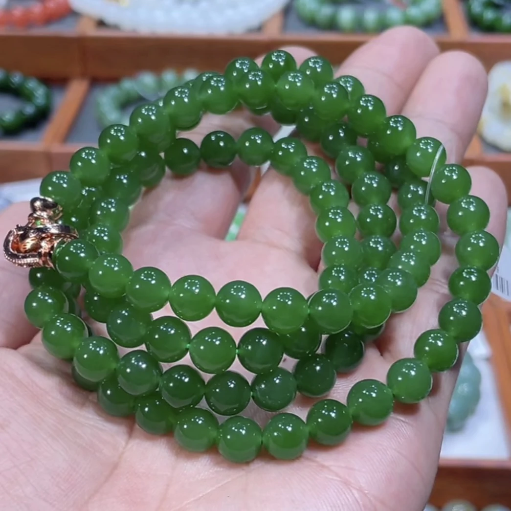 和田玉俄料碧玉老料辣阳绿多圈手串项链8mm