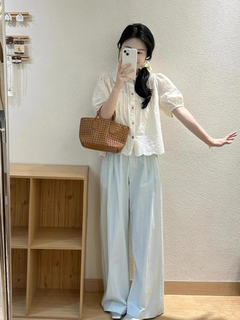 夏季女装气质减龄穿搭一整套清纯甜美娃娃领衬衫休闲阔腿裤两件套