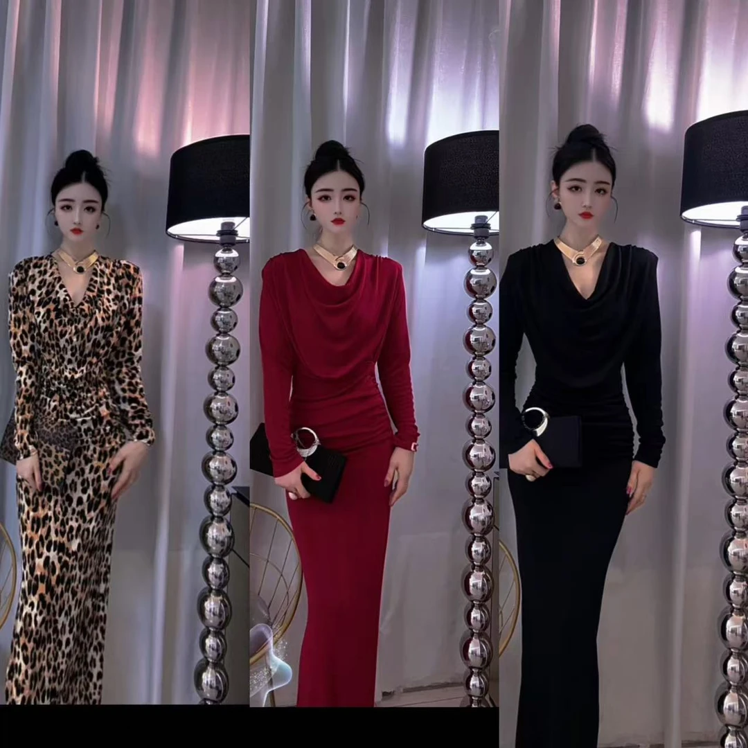 气质女神连衣裙荡领设计感修身褶皱显瘦开衩长裙内搭5205