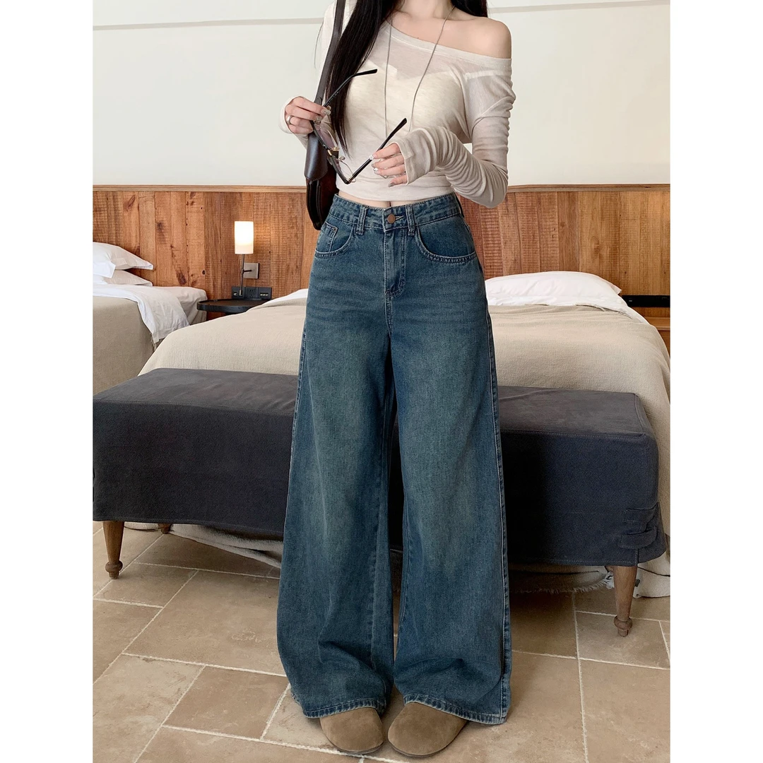 长2025秋季胖mm大码美式阔腿高腰显瘦牛仔裤宽松直筒裤子66168